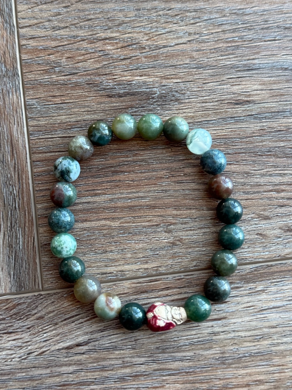 Green Indian Agate/Fancy Jasper Beads Stretch Bracelet with Tiny Buddha